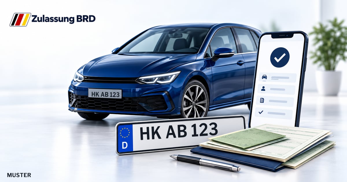 Online Fahrzeugzulassung in Bad Fallingbostel: Musterkennzeichen HK AB 123, Auto und Fahrzeugpapiere und Smartphone. Illustration mit Logo von Zulassung BRD.